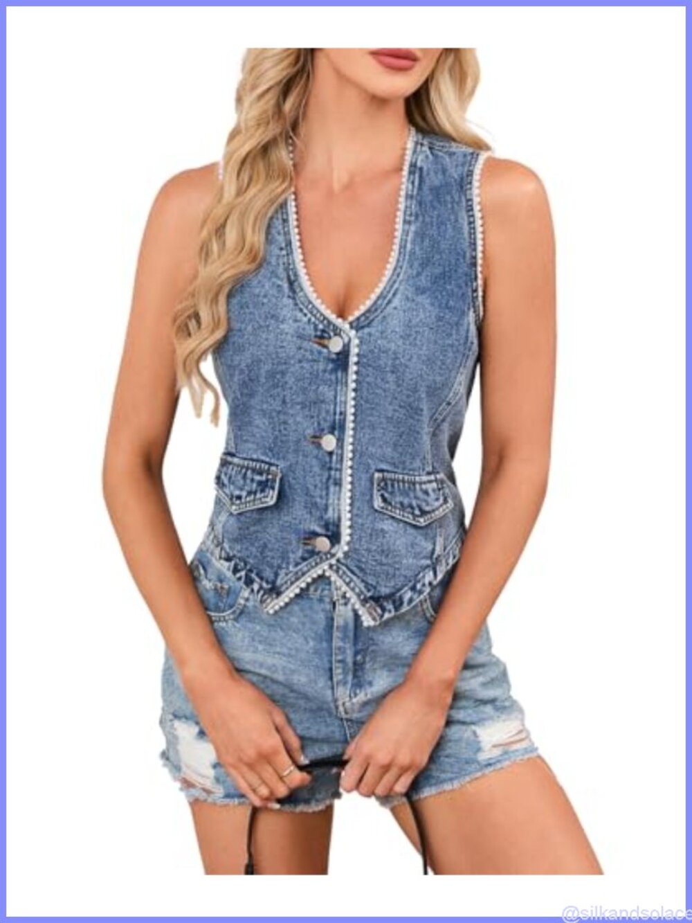 Women's Denim Vest Sleeveless V-Neck Pearl Trim Fitted Waistcoat